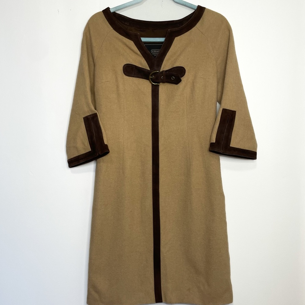 Coach 1941 Brown Camel Fur Trimmed Shift Tent Silk Lined Midi Dress 4